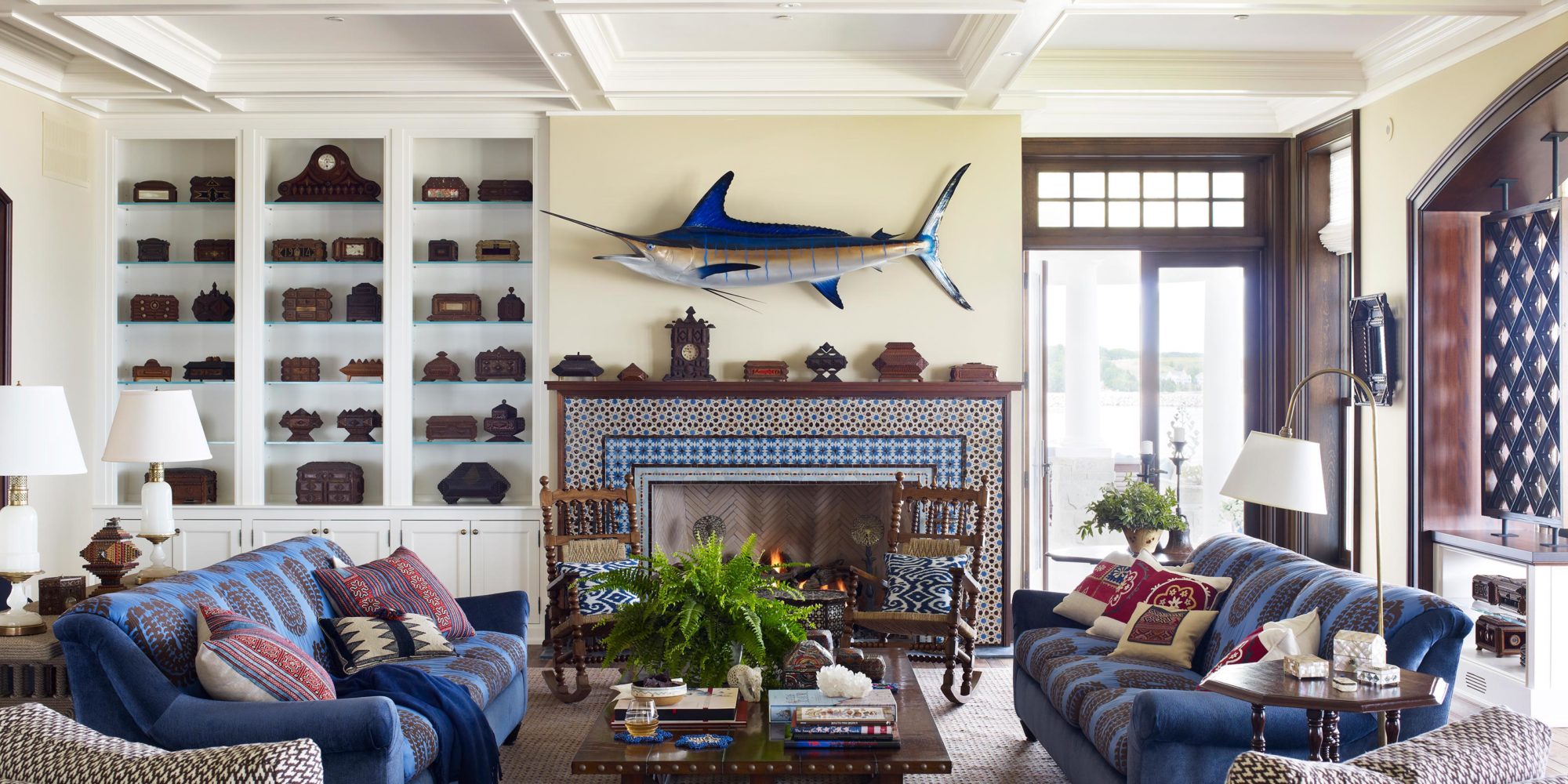 Lake Michigan Home designed by Chicago Luxury Interior Designer Soucie Horner incorporates A.Rudin Sofa, Pair of Antique Rocking Chairs from Pooter Olooms Antiques, and Sofa Table from The Golden Triangle.