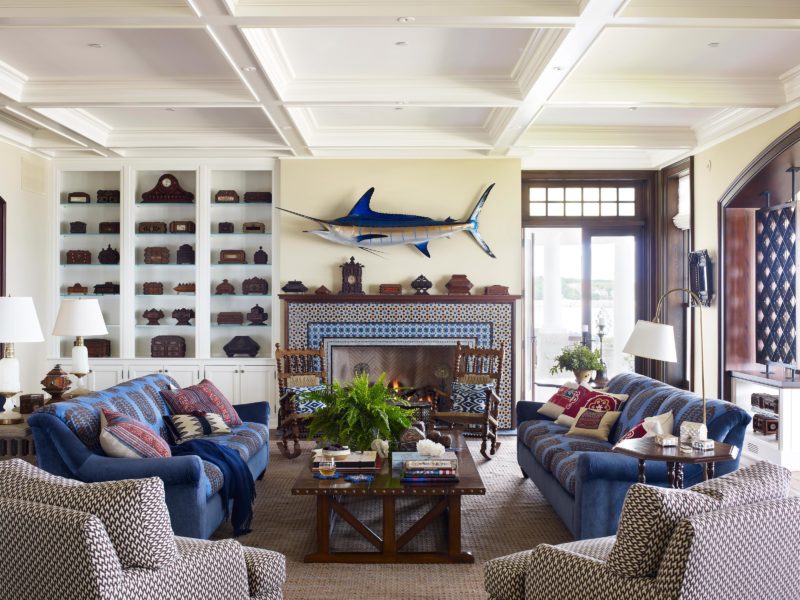 Lake Michigan Home designed by Chicago Luxury Interior Designer Soucie Horner incorporates A.Rudin Sofa, Pair of Antique Rocking Chairs from Pooter Olooms Antiques, and Sofa Table from The Golden Triangle.