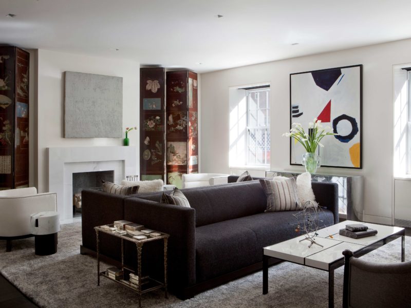 Beautifully designed living room designed by Soucie Horner incorporates custom banana silk rug by SHIIR, Zebedee Jones Painting, and Custom sofas using Jean de Merry upholstery.
