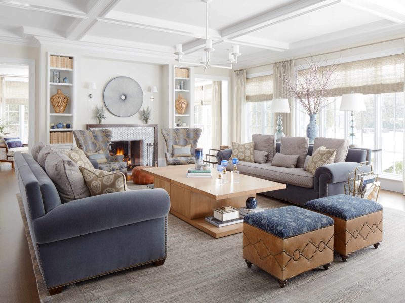 Bright and airy Living Room designed by Soucie Horner incorporates Custom Coffee Tables, Fine Indian Wool and Silk Area Rug, and Custom Chanel Sofas using Mohair upholstery from Opuzen.