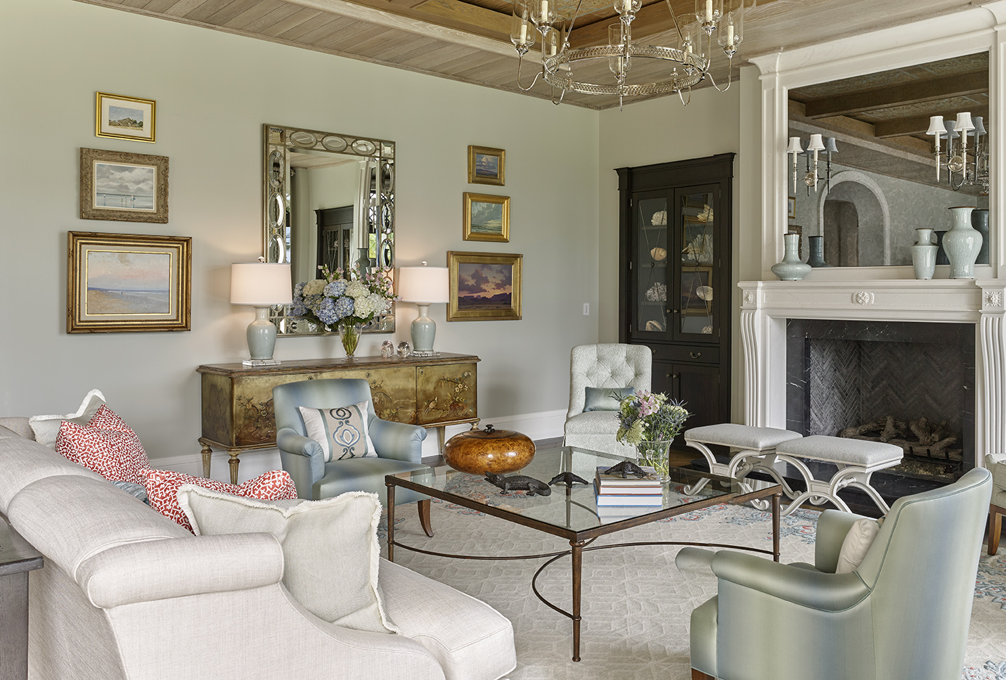 Coastal family room incorporates Italian Credenza from Moxie, Maxine Snider Paris Lounge Chairs, and custom Arbor Rug from SHIIR.