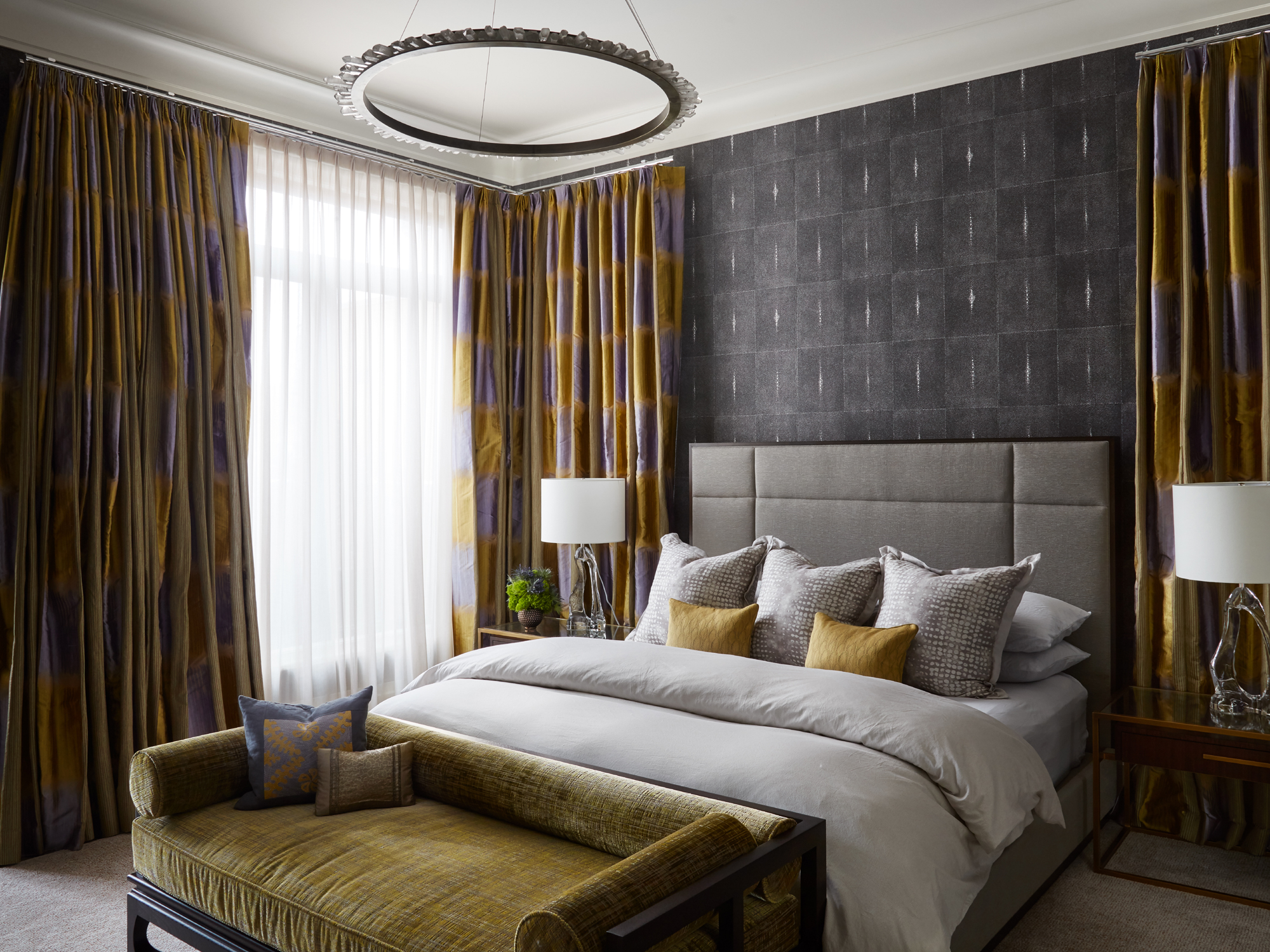 Masculine Master Bedroom incorporates Elitis Wallcovering, Corragio Window Coverings, and Christopher Boots Chandelier