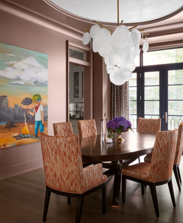 Feminine Dining Room incorporates A. Rudin Dining Chairs with Donghia upholstery, Grandfather Clock, and Specialty Painting