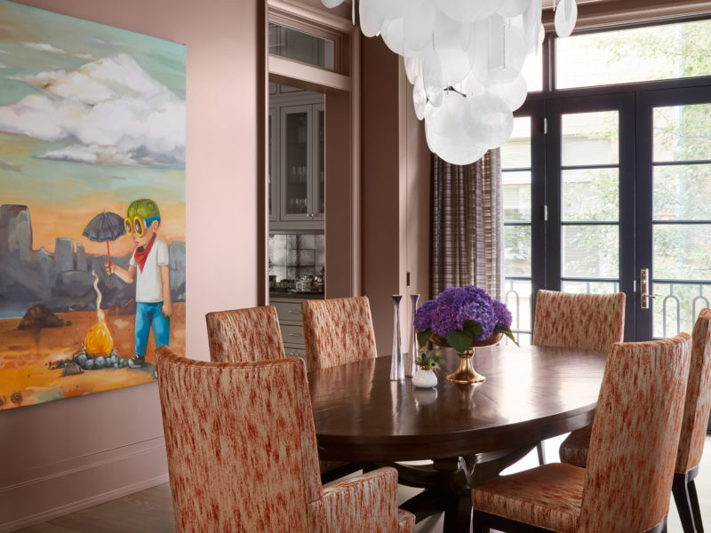 Feminine Dining Room incorporates A. Rudin Dining Chairs with Donghia upholstery, Grandfather Clock, and Specialty Painting