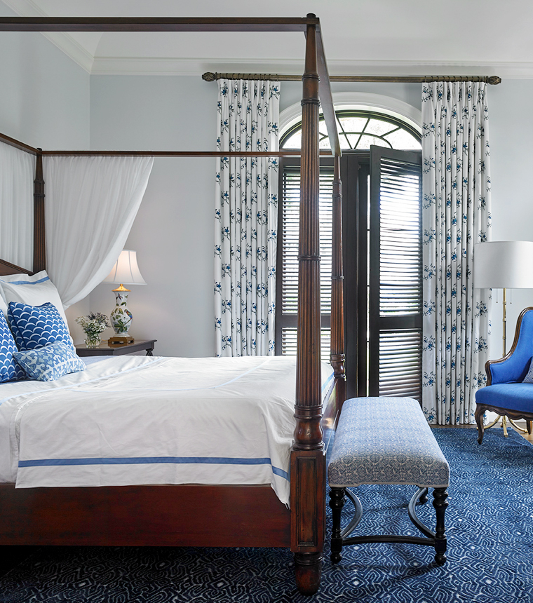 Bright and airy coastal modern Palm Beach master bedroom incorporating SHIIR rug