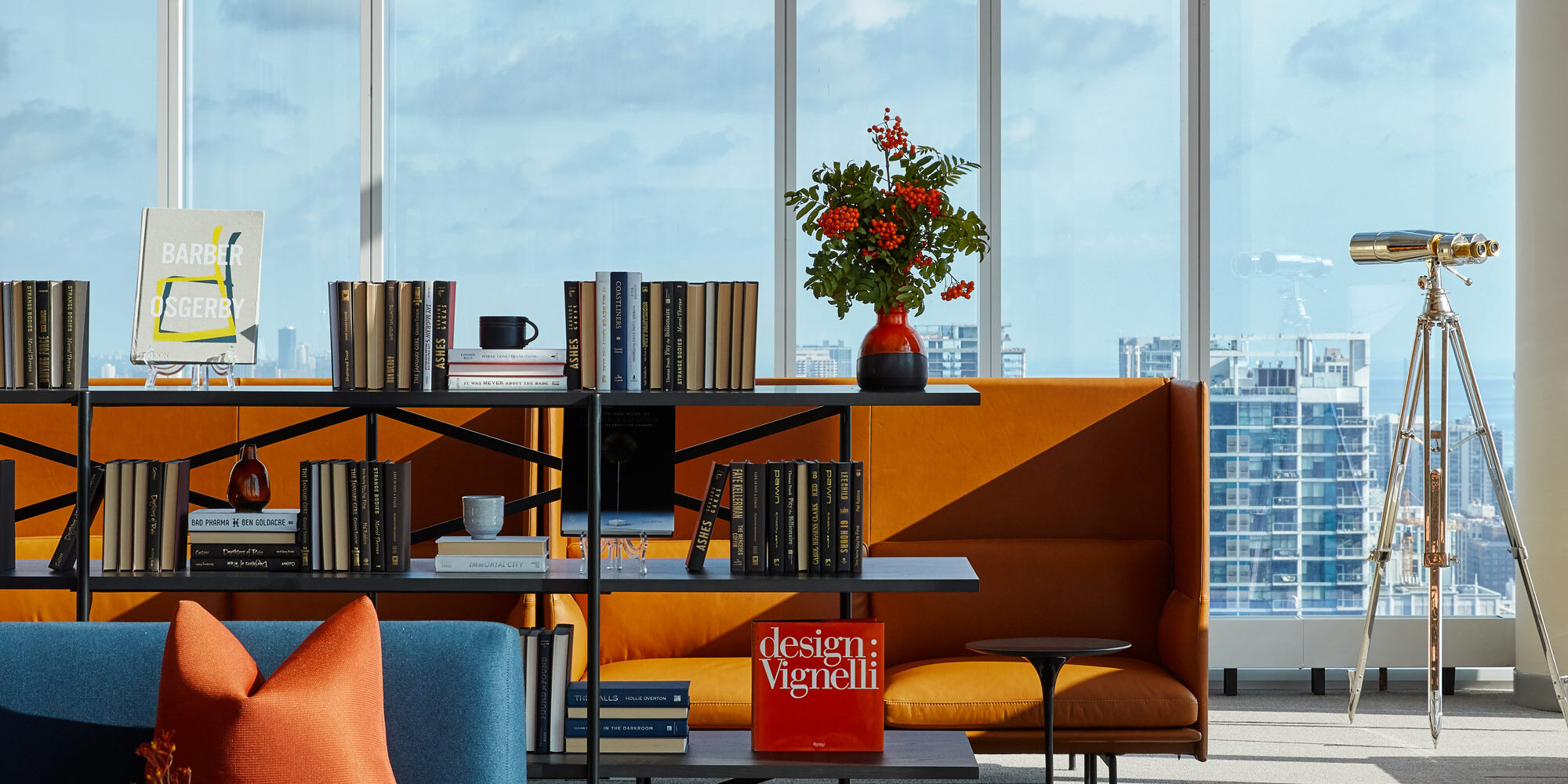 Private Lounge Area overlooking Chicago Skyline designed by Soucie Horner
