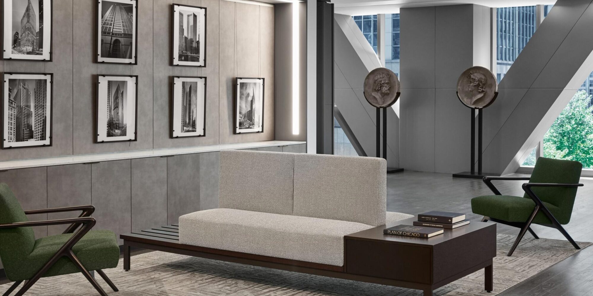 Spacious lobby incorporating SHIIR Rugs, Holly Hunt Lounge Chairs, Monochromatic Art, and Byzantine mosaics.