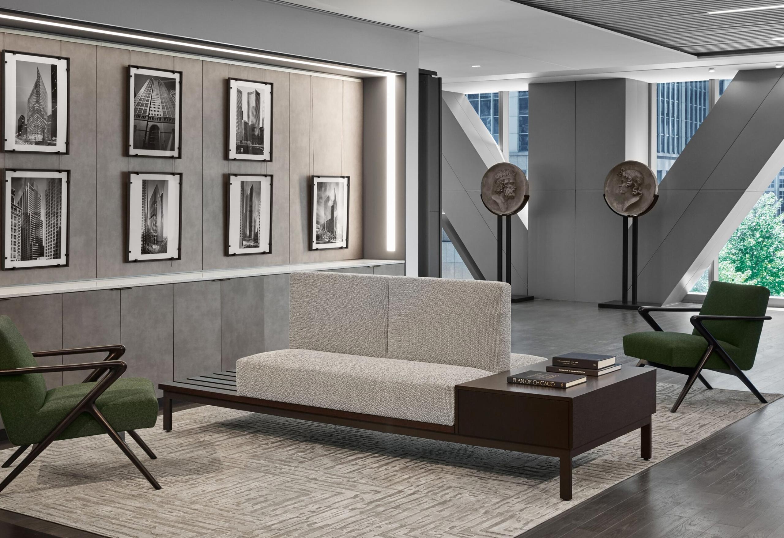Spacious lobby incorporating SHIIR Rugs, Holly Hunt Lounge Chairs, Monochromatic Art, and Byzantine mosaics.