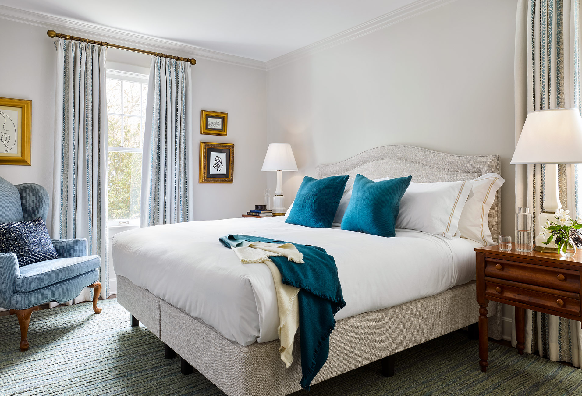 The Wickwood Inn Room No. 2 featuring ALT for Living, SHIIR rugs, Matouk Linens, Vispring bed from The Luxury Bed Collection, and Cowtan & Tout.
